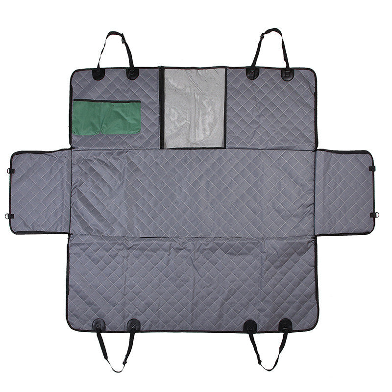 Housse de siège de voiture imperméable pour chien, vue supérieure avec poches et attaches, design quadrillé.