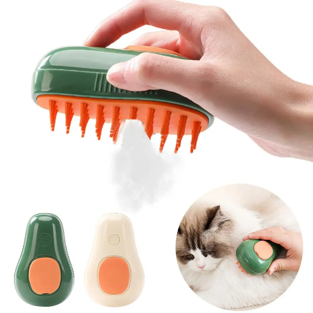 Steam brush for cats being used to remove loose hair, with two color options shown below.