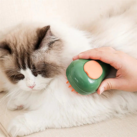 Brosse à vapeur pour chat utilisée sur un chat à poil long, éliminant les poils et offrant un moment de toilettage.